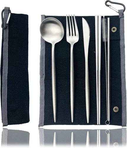 Vista 13 de JASHII Juego de cubiertos de viaje de acero inoxidable, tenedor, cuchara, cuchillo, pajilla, cubiertos reutilizables con estuche, juego de Rosa