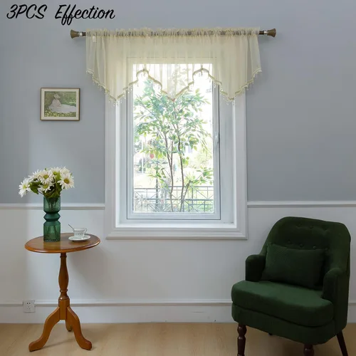 Vista 7 de PearAge Cortinas Cenefa Transparente con Cuentas para Sala de Estar, Cenefa de Ventana de Granja con Bolsillo para Barra, Cenefa de Cortina de Gasa