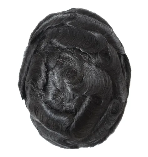 Vista 7 de Natural Mens sistema de reemplazo de cabello humano real caballeros humano negro hairpieces piel fina polivinílica V Looped Mens Toupee Unit #1B