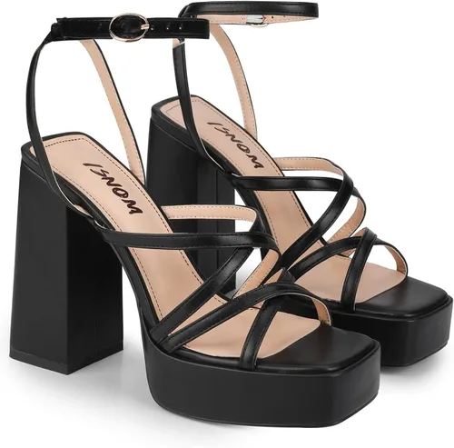 Vista 3 de ISNOM Tacones gruesos de plataforma para mujer, sandalias de tacón de bloque con punta cuadrada abierta y correa de tobillo