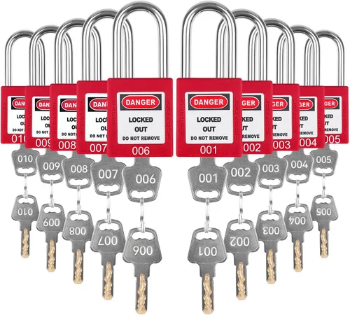 Vista 17 de Juego de 5 cerraduras de bloqueo con llave negra, 2 llaves por cerradura, candados de seguridad compatibles con OSHA para kit de etiqueta de bloqueo