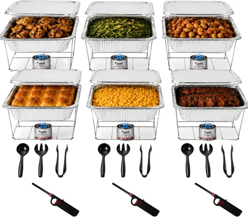 Vista 9 de Chafing Dish Buffet - Kit de servicio de 42 piezas con combustible, estantes, sartenes de aluminio, utensilios y encendedores