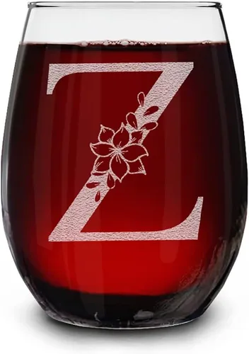 Vista 29 de Copa de vino sin tallo, con monograma floral, grabada con láser, 15 onzas, regalo inicial personalizado para ella (B)