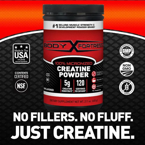 Vista 3 de Body Fortress Polvo de Creatina Monohidrato 100% - Suplemento de creatina micronizada sin sabor para el crecimiento muscular, fuerza y recuperación