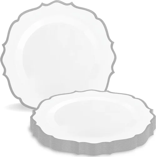 Vista 3 de Blue Sky Contemporary Collection - Platos de plástico blancos con borde dorado, vajilla desechable de 7.5 pulgadas (10 unidades) para eventos