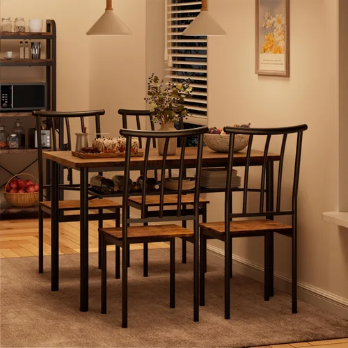 Vista 2 de Juego de mesa de comedor para 4, mesa de cocina y sillas para 4 con estante para vino, juego de mesa de comedor rectangular, juego de mesa