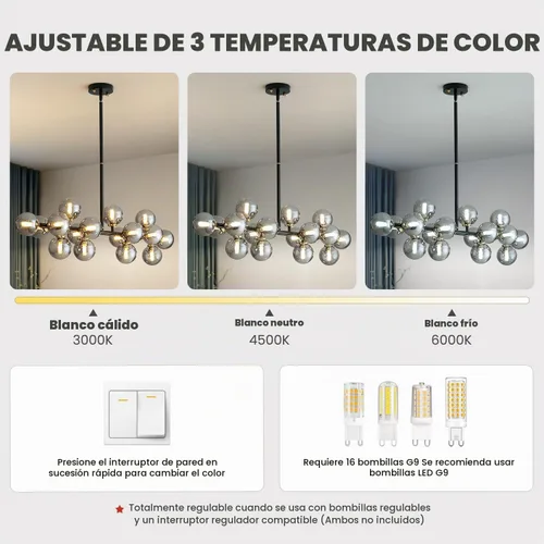 Vista 3 de 16 Luces Araña Moderna de Mediados de Siglo Negro Araña Lineal Accesorios de Iluminación Globo de Vidrio Luz Colgante Sputnik para Comedor Isla