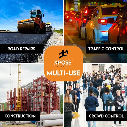 Vista 6 de Xpose Safety Postes de delineador naranja de 45 pulgadas con base, paquete de 3 – parte superior de anillo, banda reflectante de 10 pulgadas, base