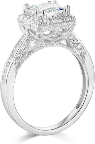 Vista 3 de Wellingsale - Anillo de compromiso para mujer con piedras laterales de oro blanco pulido CZ circonita cúbica de corte princesa