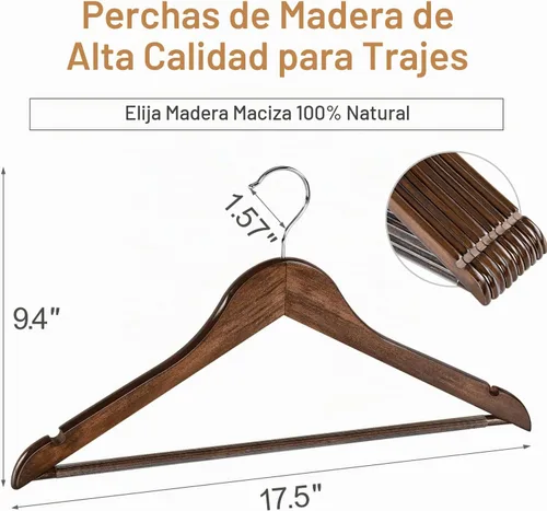 Vista 2 de TOPIA HANGER Perchas de Madera para Abrigos Paquete de 30, Perchas de Madera Vintage para Trajes con Barra Antideslizante para Pantalones, Gancho