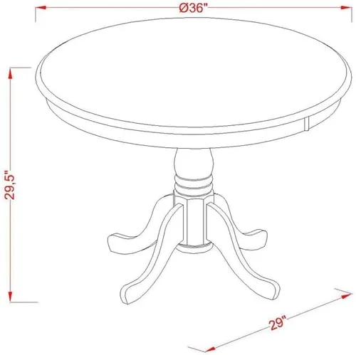 Vista 6 de East West Furniture AANCA5-MAH-W Juego de mesa de comedor de 5 piezas incluye una mesa de cocina redonda con pedestal y 4 sillas de comedor, 36 x 36