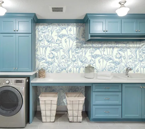 Vista 6 de Vinjiasin Papel tapiz autoadhesivo para despegar y pegar, papel de contacto floral azul moderno, papel de pared de loto para baño, dormitorio