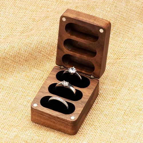 Vista 5 de Caja de almacenamiento para anillos de boda de madera de nogal, soporte sólido para anillo de 3 ranuras, ceremonia de boda, compromiso, cumpleaños