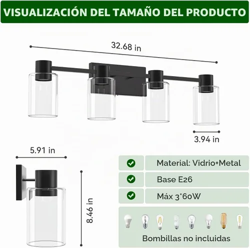 Vista 3 de Lámparas de tocador modernas de 4 luces sobre el espejo, lámparas de baño negro mate, luces de tocador, aplique de pared con pantalla de vidrio