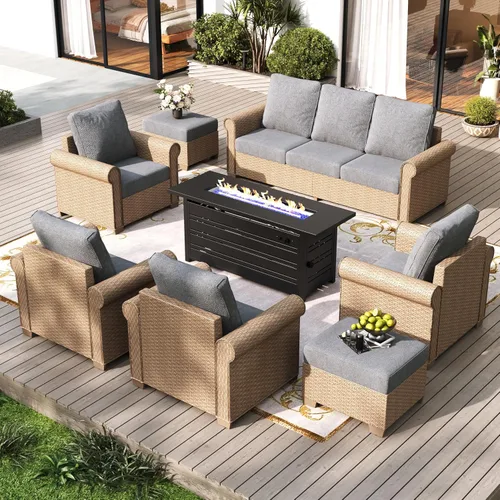 Vista 20 de SUNSHINE VALLEY - Juego de conversación de mimbre para patio de 4 piezas con mesa auxiliar Beige