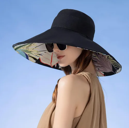 Vista 3 de HUAMULAN Sombrero de sol de verano para mujer, ala ancha, borde con alambre, floral, playa, cubo, sombreros reversibles, plegables, protección UV