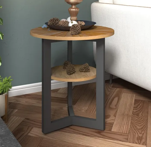 Vista 8 de Mesa auxiliar redonda pequeña con estante de almacenamiento, sofá circular de madera maciza con patas laterales de metal, mesa de teléfono de 2