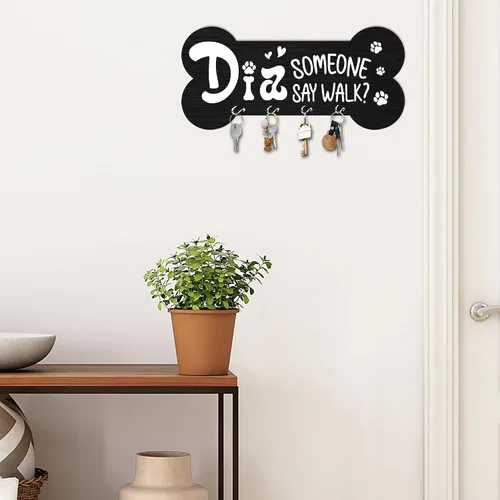 Vista 4 de Llavero de madera con 4 ganchos – Did Someone Say Walk Dog Organizador de llaves decorativo para pared – Casa Oficina Cocina Pasillo Entrada