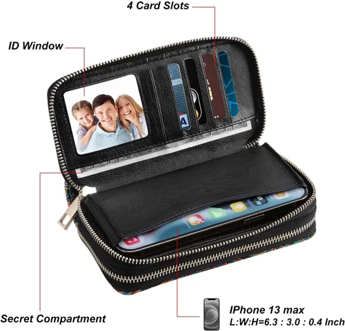 Vista 6 de HAWEE Cartera de teléfono celular para mujer con doble cremallera y correa de muñeca extraíble