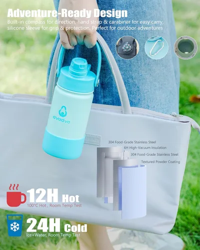 Vista 5 de Botella de agua aislada de 12 onzas con 2 tapas (tapa de popote y boquilla 2 en 1, tapa magnética), botella de agua para niños con correa, botella