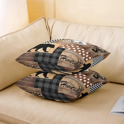 Vista 3 de Paquete de 4 fundas de cojín de oso con alce de 16 x 16 pulgadas, alfombra de reno, diseño geométrico de búfalo a cuadros con diseño de enrejado