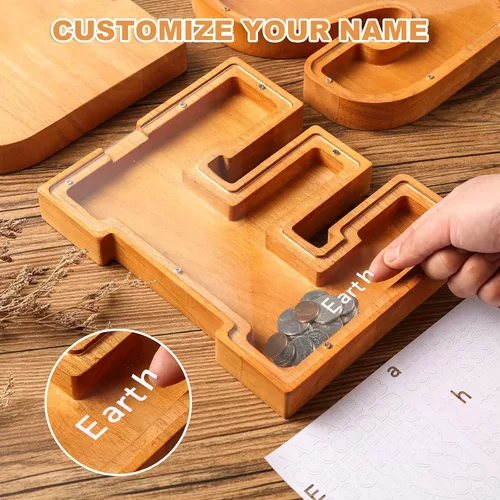Vista 5 de Alcancía de madera con letras de madera para niños y niñas, banco de dinero grande de 26 letras del alfabeto, con nombre personalizado