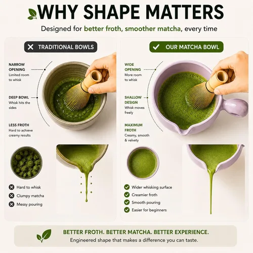 Vista 5 de HAPPY PATH & CO - Juego de cuencos de matcha patentado con mango y boquilla, vertido sin derrames, juego completo de matcha para principiantes Lila