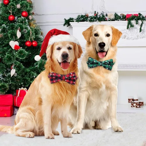 Vista 5 de Malier Paquete de 2 collares de perro con pajarita, collar clásico de Navidad con copo de nieve y hebilla ajustable ligera, adecuado para perros