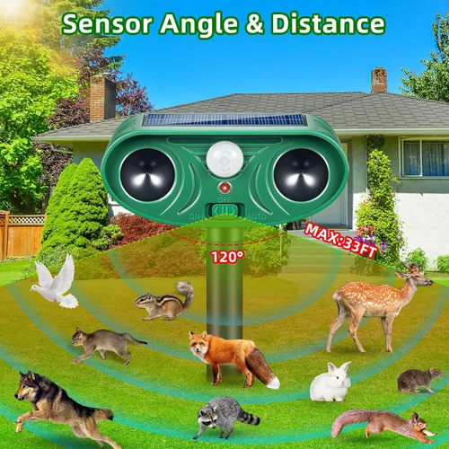 Vista 5 de Repelente solar ultrasónico de animales 2025 Disuasorio para gatos al aire libre activado por movimiento Venado asustador, ardilla, conejo