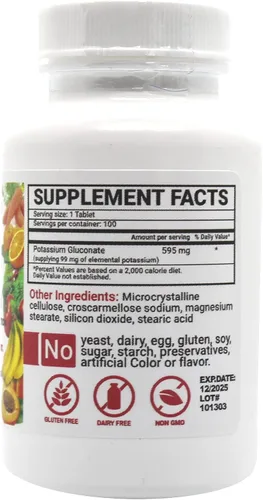 Vista 3 de Peter Gillham's Life Essentials - Tabletas de gluconato de potasio de 595 mg, 100 tabletas, compatible con el equilibrio de electrolitos, fabricado