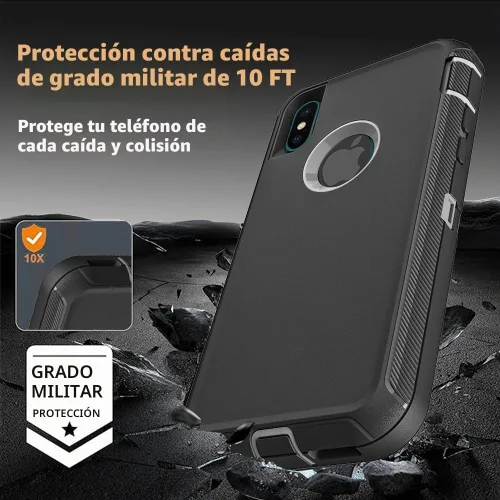 Vista 6 de Funda para iPhone Xs Max con 2 protectores de pantalla de vidrio templado, grado militar 3 en 1, resistente a prueba de golpes, caídas y polvo