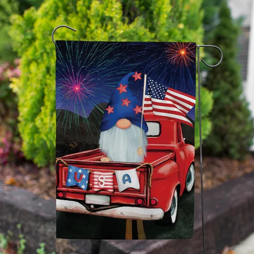 Vista 3 de Bandera de jardín con gnomo del 4 de julio de América para siempre, 12.5 x 18 pulgadas, celebración del Día de la Independencia, fuegos