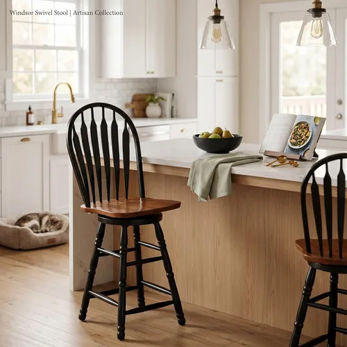 Vista 6 de Sunset Trading Selections Taburete giratorio de 24 pulgadas de altura de mostrador Taburete de café Windsor Arrowback de casa de campo Madera