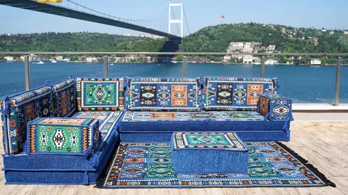 Vista 3 de Blue Arabic Floor Sofa, L Shape Corner Seating Set, Bench Cushions, Sectional Sofa, Pallet Sofas, Floor Cushions, Floor Couch, Oriental Sofa, Sofa