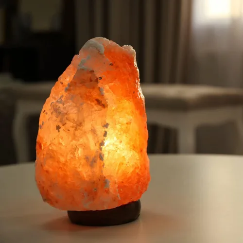 Vista 2 de Lámpara de sal del Himalaya de 7 pulgadas con cable de atenuación - Luz nocturna de cristal natural, base de madera clásica auténtica de Pakistán