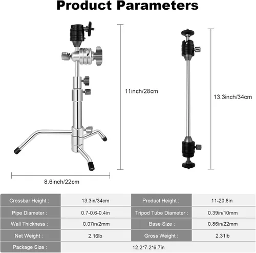 Vista 3 de Mini soporte C de bolsillo de 20 pulgadas, totalmente metálico ajustable pequeño de 20.8 pulgadas con cabezal de agarre de brazo de pluma de 13