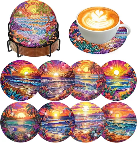 Vista 26 de Meothan Juego de 8 posavasos de arte de diamante para adultos con soporte, almohadillas de corcho, posavasos de arte de puntos de diamante de vidrio