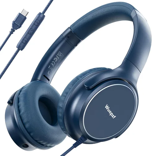 Vista 15 de Auriculares con cable USB C sobre la oreja con micrófono, control de volumen, puerto compartido y diadema ajustable, auriculares estéreo plegables