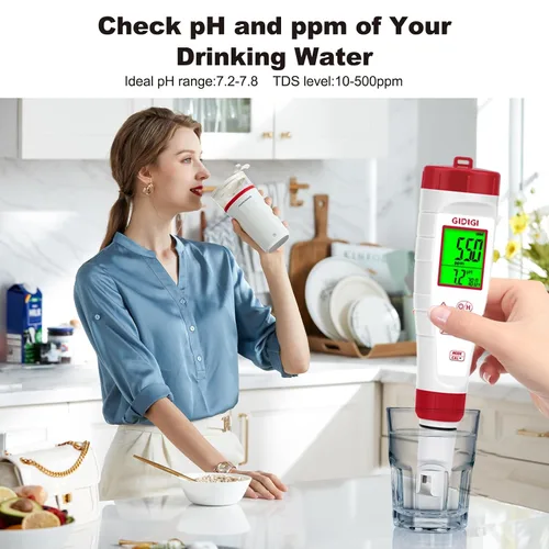 Vista 4 de Probador de pH, medidor de pH digital para agua, nueva versión de medidor TDS para agua potable con pantalla retroiluminada que muestra