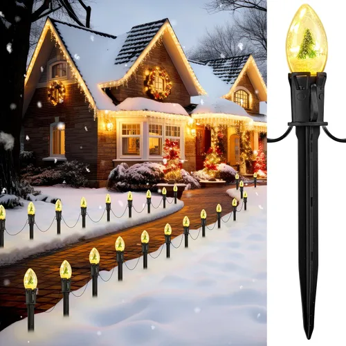 Vista 10 de Tira de luces LED estilo sendero de Navidad para exteriores; tira de 20 luces LED C9 con carcasa de fresa y estaca, interconectables, luz cálida