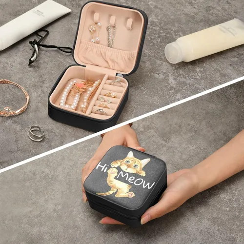 Vista 8 de Emelivor Joyero de viaje con diseño de gato divertido, de piel sintética, portátil, organizador de joyas de viaje, pequeño joyero para anillo