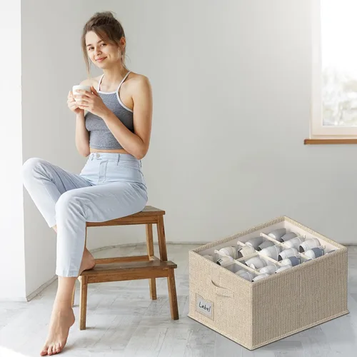 Vista 7 de FHSQX Paquete de 4 organizadores de zapatos para armario, organizador de zapatos plegable, se adapta a hasta 48 pares, contenedores de Beige