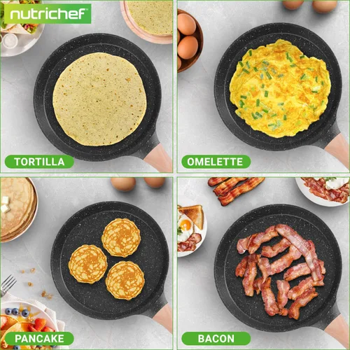 Vista 3 de NutriChef - Sartén para crepes de 24 cm (9.45 pulgadas) antiadherente con esparcidora de madera, sartén Dosa de mármol recubierto duradero, mango