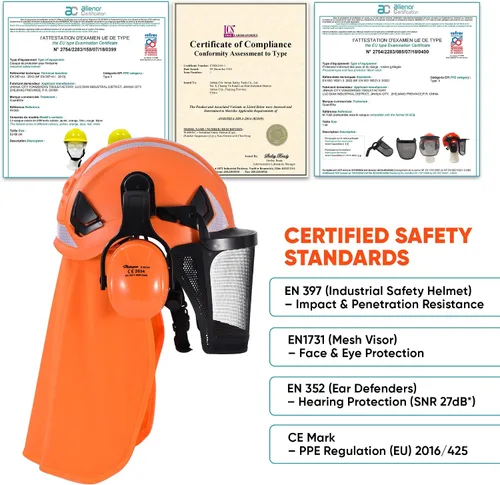Vista 4 de Safeyear Casco de motosierra con protector facial y orejeras, casco forestal certificado ANSI con correa para la barbilla, visera de malla