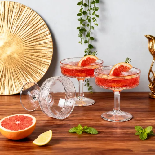 Vista 6 de Pumtus Juego de 6 vasos cupé vintage, 7 onzas de vidrio de Martini en relieve, copas de cóctel florales acanaladas, taza de Margarita transparente