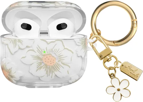 Vista 15 de Funda compatible con AirPods 3 2021, TPU suave con bonito patrón de flores para AirPods de 3ª generación con llavero de flores y mosquetón para Negro