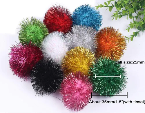 Vista 3 de YYCRAFT 100 pompones de oropel con purpurina para manualidades, decoración de fiesta de Navidad, juguetes para gatos (0.98 pulgadas, negro)