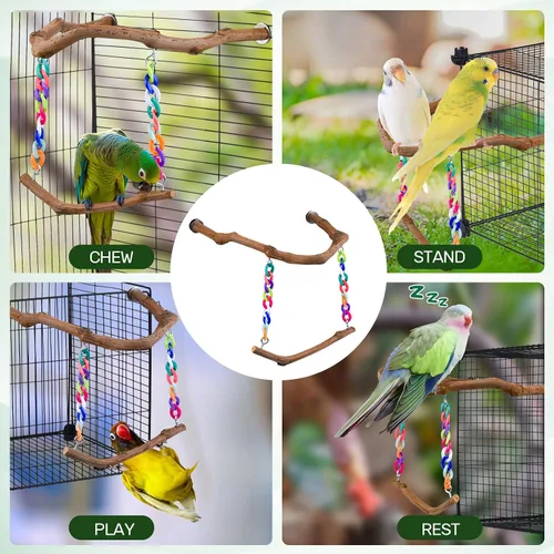 Vista 5 de Juguetes de columpio para pájaros, perca de pie con madera de uva natural, accesorios de jaula de pájaros colgantes en forma de U, juguete