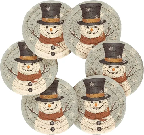 Vista 2 de 6 posavasos absorbentes de muñeco de nieve para protección de mesa, hechos a mano, redondos, tejidos con soporte y resistentes al calor, resistentes