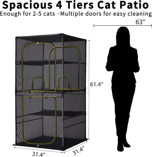 Vista 3 de Rockever Catio - Recinto para gatos al aire libre, jaula grande de 61.4 pulgadas para gatos con ventanilla, patio para gatos de 4 niveles, 6